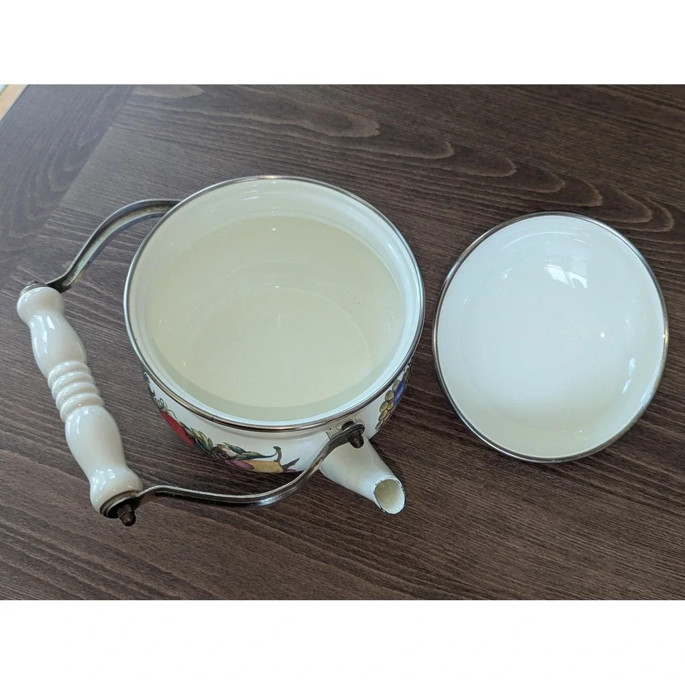 Vintage Lincoln Ware Style Enamel Tea Kettle Fruit Pattern Farmhouse Decor